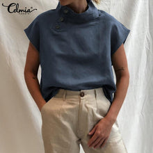 Load image into Gallery viewer, Celmia Stylish Tunic Tops Plus Size Women Short Sleeve Summer Blouses Buttons Solid Cotton Linen Tops Casual Loose Blusas Femme