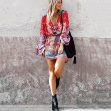 Load image into Gallery viewer, Boho Floral Printed Flare Long Sleeve Drawstring Waist Mini Dress