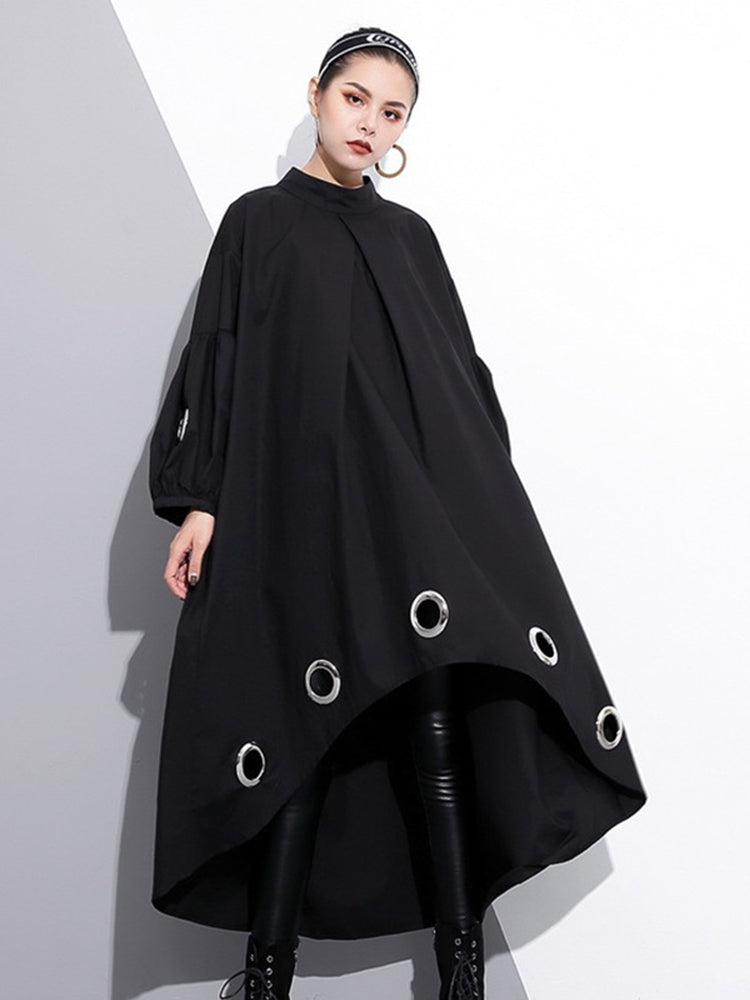 New Spring  Round Neck Long Sleeve Solid Color Black Metal Ring Big Size Hollow Out Dress Women Fashion Tide