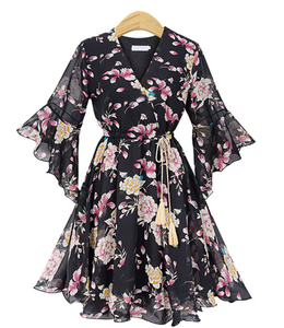 Floral V Neck Beach Chiffon Dress