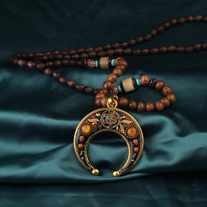 Ethnic Style Vintage Wooden Bead Necklace, Nepalese Style, Handmade and Creative Pendant Jewelry,Sweater necklace For women