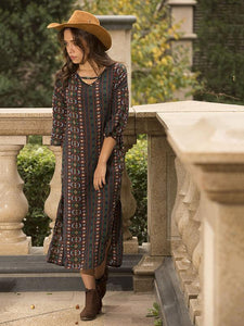 Bohemia Stripe Long Sleeve Side Split Maxi Dress