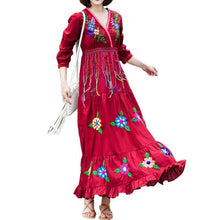 Load image into Gallery viewer, Boho Gypsy Floral Embroidery V Neck Maxi Dress