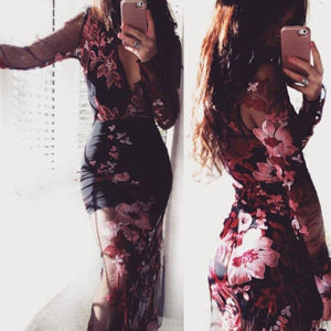 Women See Through Black Gauze Mesh  Lace Sexy Deep V-neck Bodycon Floral Dress