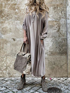 Autumn Women Long Sleeve Casual Buttons Loose Maxi  Ladies Fashion Dress
