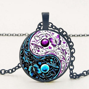 3 Colors Tibet  Cabochon Glass Pendant Chain Necklace Ying Yang Butterfly Gifts
