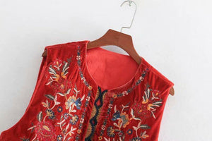 Boho Autumn Orang Floral Embroidery Sleeveless Outerwear Jacket