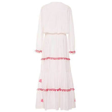 Load image into Gallery viewer, Floral Embroidered Hippie White Long Sleeve Pompom Maxi Dress