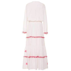 Floral Embroidered Hippie White Long Sleeve Pompom Maxi Dress