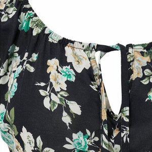 Women Knee Length Elegant Dress Tied V Neck Short Sleeve Floral Print Shift Mini Dress