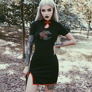 Halloween Women Gothic Punk Cheongsam Embroidery Bodycon Vintage Split Mini Dress