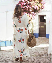 Load image into Gallery viewer, Boho Floral Embroidered V-neck Tassel Batwing Long Sleeve Maxi Kaftans Dress