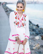 Load image into Gallery viewer, Floral Embroidered Hippie White Long Sleeve Pompom Maxi Dress