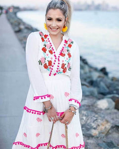 Floral Embroidered Hippie White Long Sleeve Pompom Maxi Dress