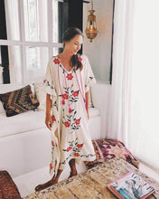 Load image into Gallery viewer, Boho Floral Embroidered V-neck Tassel Batwing Long Sleeve Maxi Kaftans Dress