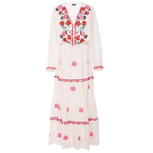 Load image into Gallery viewer, Floral Embroidered Hippie White Long Sleeve Pompom Maxi Dress