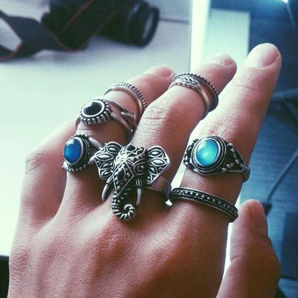 Bohemian Elephants Ring Retro Stone 10pcs Rings Sets For Women