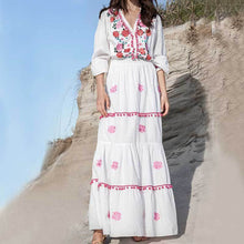 Load image into Gallery viewer, Floral Embroidered Hippie White Long Sleeve Pompom Maxi Dress