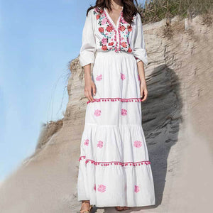 Floral Embroidered Hippie White Long Sleeve Pompom Maxi Dress