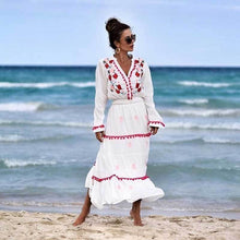 Load image into Gallery viewer, Floral Embroidered Hippie White Long Sleeve Pompom Maxi Dress