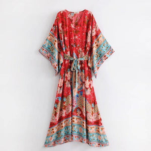 Bohemian Maxi Lotus Print V-Neck Long Dress