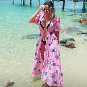 Wrinkle-free Pink Eyes Chiffon Dresses Sexy Short Sleeve 2021 Summer Beach Dress Women Beach Wear Swim Suit Cover Up D1