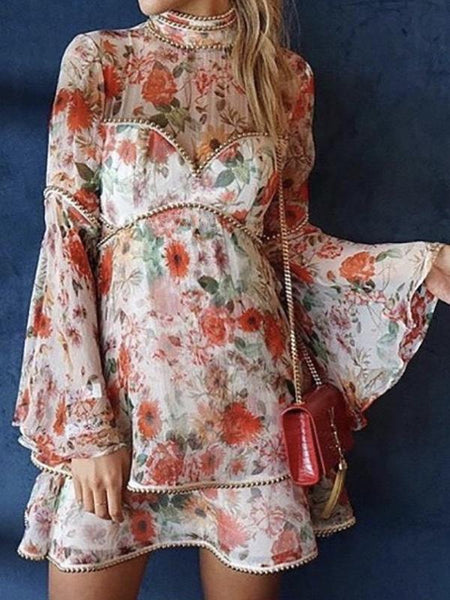 Heavy Industry Beaded Floral Flower Collar Big Trumpet Sleeve Chiffon Dress