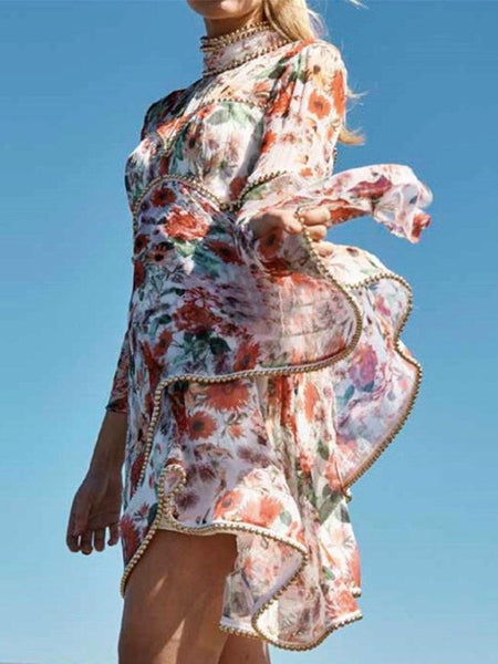 Heavy Industry Beaded Floral Flower Collar Big Trumpet Sleeve Chiffon Dress