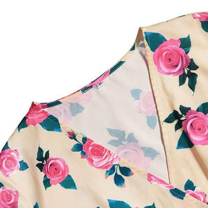 Bohemian Print Stitching Floral Petal Sleeve Large Swing V-neck Waist Strap Maxi Dress