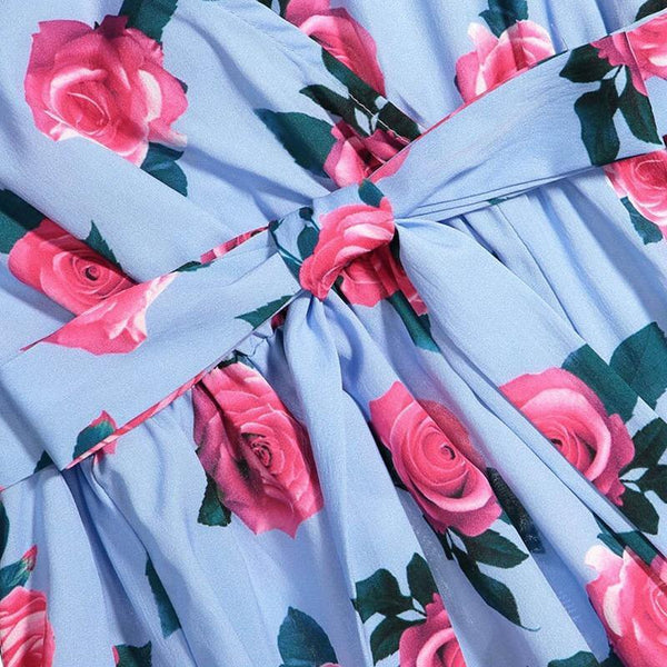 Bohemian Print Stitching Floral Petal Sleeve Large Swing V-neck Waist Strap Maxi Dress