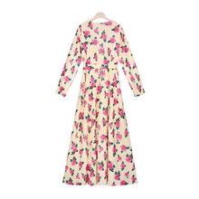 Load image into Gallery viewer, Bohemian Print Stitching Floral Petal Sleeve Large Swing V-neck Waist Strap Maxi Dress