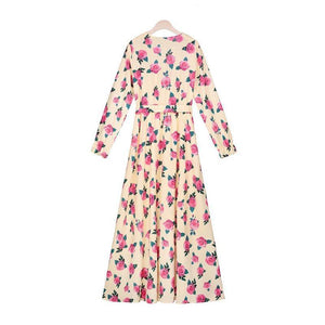 Bohemian Print Stitching Floral Petal Sleeve Large Swing V-neck Waist Strap Maxi Dress