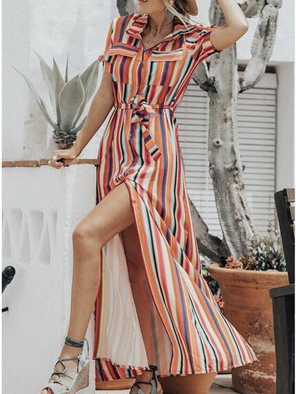 Color Strip Print Jumpsuit Long Loose Casual Striped Blouse Strap Dress