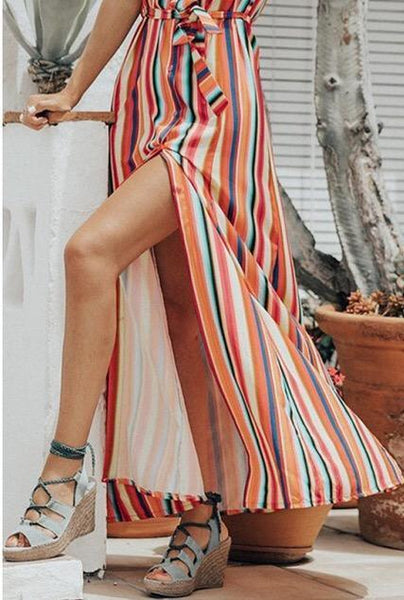 Color Strip Print Jumpsuit Long Loose Casual Striped Blouse Strap Dress