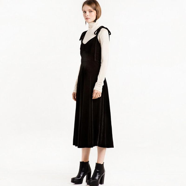 Black Velvet Dress Spring And Autumn New Versatile Suspender Skirt High Waist Large Swing Skirt Slim