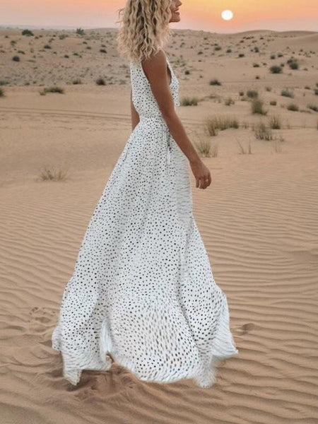 V-Neck Printed Polka Dot Bohemian Maxi Dress