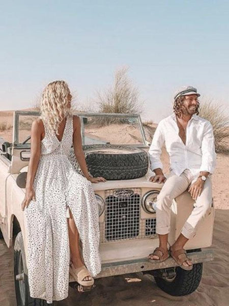 V-Neck Printed Polka Dot Bohemian Maxi Dress