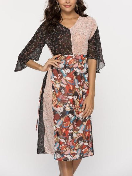 V-Neck Floral Patchwork Belt Bohemian Bell Sleeve Skater Dresses