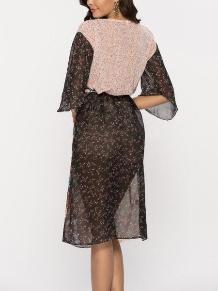 V-Neck Floral Patchwork Belt Bohemian Bell Sleeve Skater Dresses