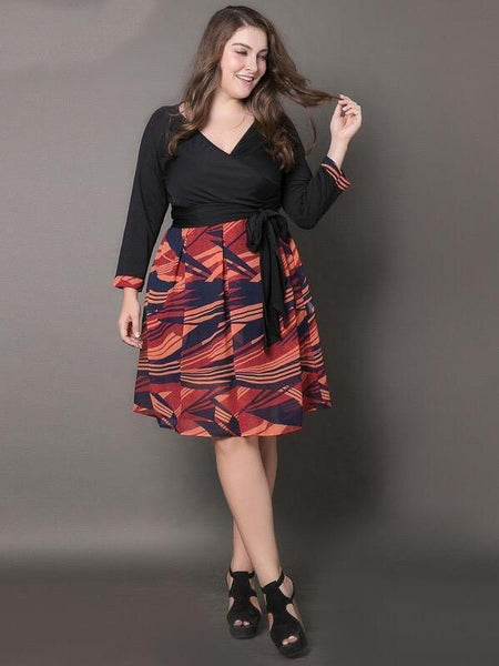 Large size women new dress printed V-neck pleated pleated dress