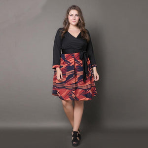 Large size women new dress printed V-neck pleated pleated dress