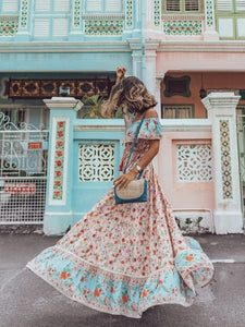 Off-the-shoulder Bohemia Maxi Chiffon Floral Print Dress Beach Style Vacation Dress