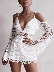 White Sexy Hollow V-neck Strap Lace Vacation Style Romantic Romper