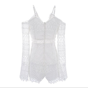 White Sexy Hollow V-neck Strap Lace Vacation Style Romantic Romper