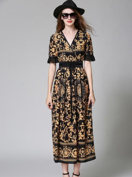 V-neck Bohemia Half Sleeve Maxi Dress
