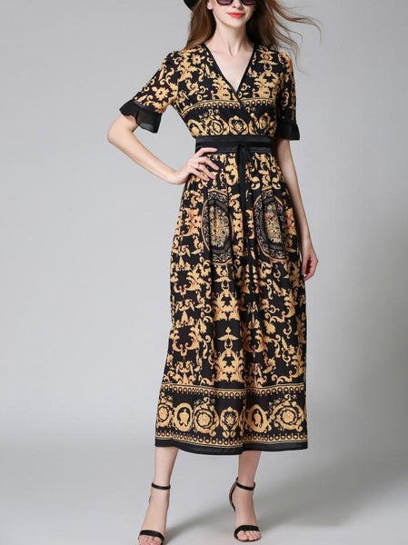 V-neck Bohemia Half Sleeve Maxi Dress