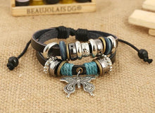 Load image into Gallery viewer, 1PCS Fashion Women Men Vintage Multilayer Butterfly Wood Bead Leather Braided Strand Bracelet