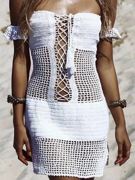 Hollow Solid Color swimsuit cover-up Handmade crochet bikini Tassel ruffle beachwear sexy beach dress