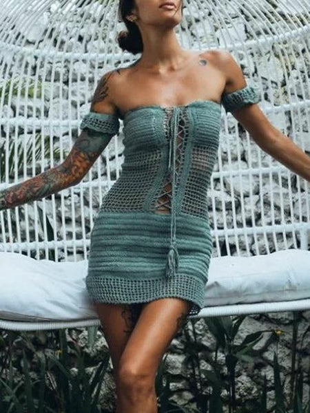 Hollow Solid Color swimsuit cover-up Handmade crochet bikini Tassel ruffle beachwear sexy beach dress