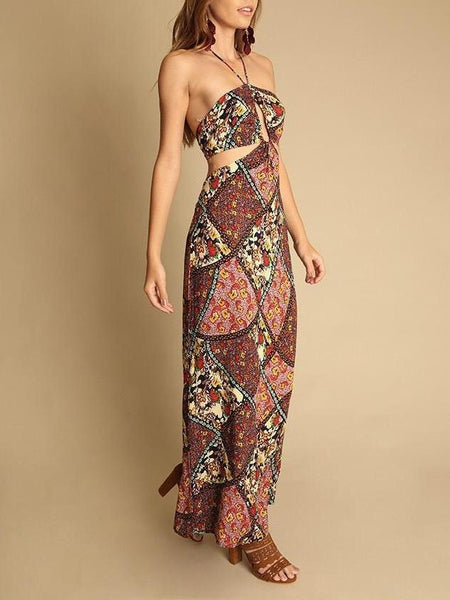 Holiday style floral beach skirt hanging neck long dress print halter skirt
